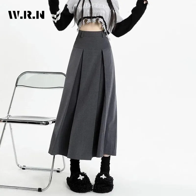 LVSANW 2024 Vintage Black Grey Mid-Long Skirts Women Autumn High Waist Pleated Skirts Korean Fashion Y2k Female All-match Clothes