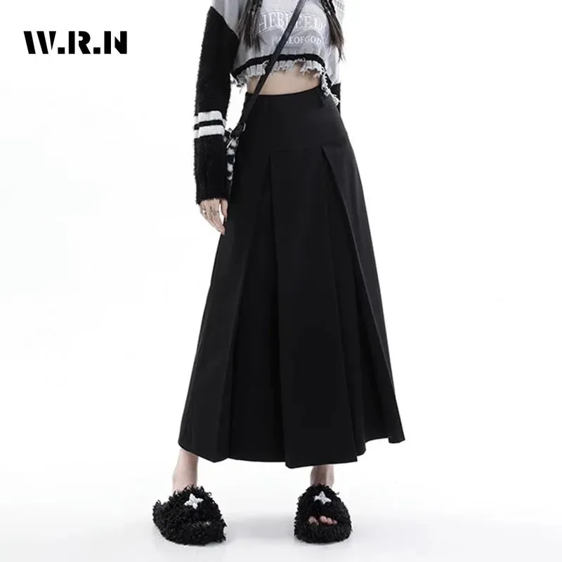 LVSANW 2024 Vintage Black Grey Mid-Long Skirts Women Autumn High Waist Pleated Skirts Korean Fashion Y2k Female All-match Clothes