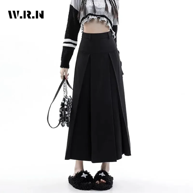 LVSANW 2024 Vintage Black Grey Mid-Long Skirts Women Autumn High Waist Pleated Skirts Korean Fashion Y2k Female All-match Clothes