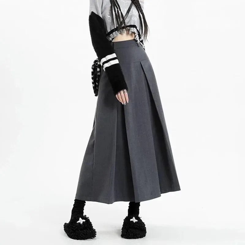 LVSANW 2024 Vintage Black Grey Mid-Long Skirts Women Autumn High Waist Pleated Skirts Korean Fashion Y2k Female All-match Clothes