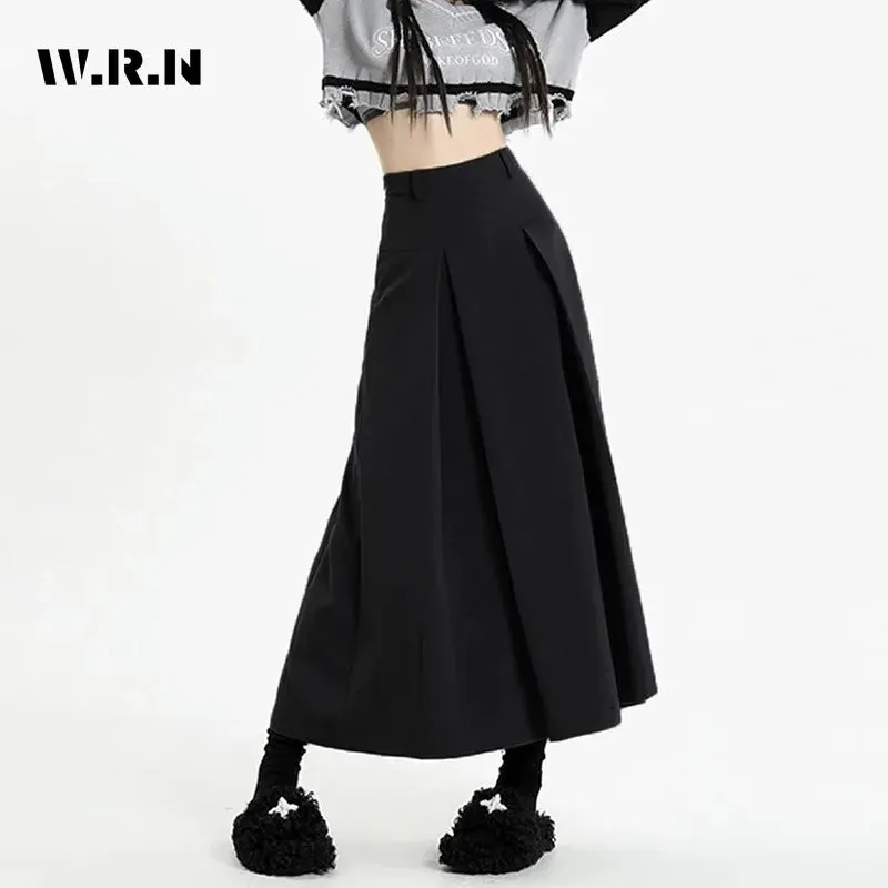 LVSANW 2024 Vintage Black Grey Mid-Long Skirts Women Autumn High Waist Pleated Skirts Korean Fashion Y2k Female All-match Clothes