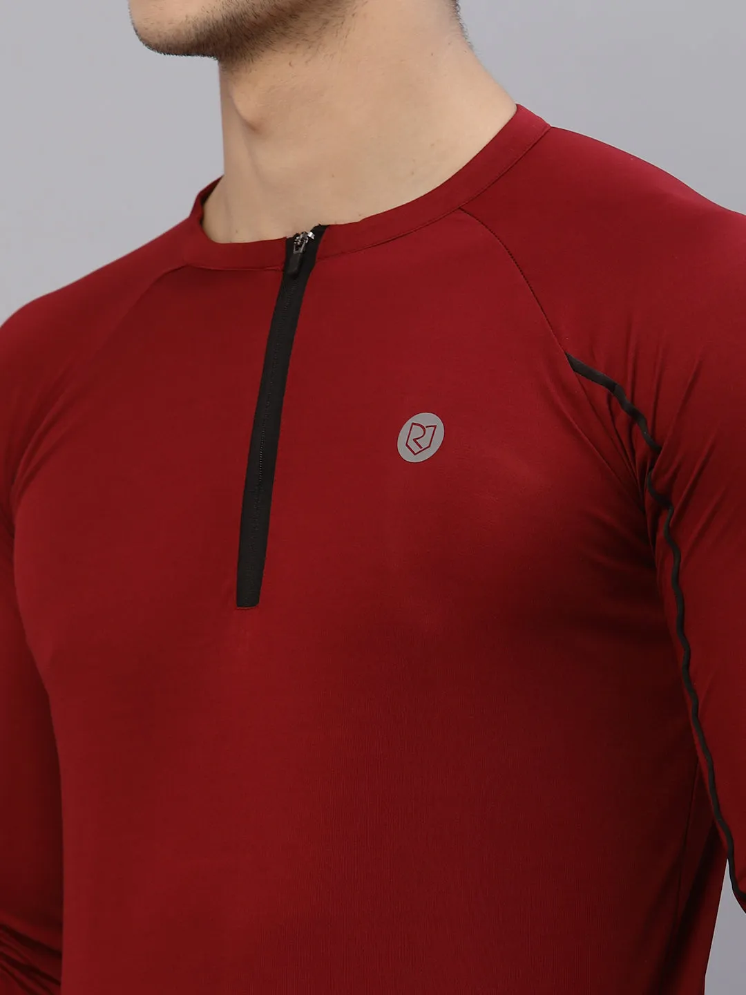 Maroon Henley Neck Full Sleeve Activewear T-Shirt