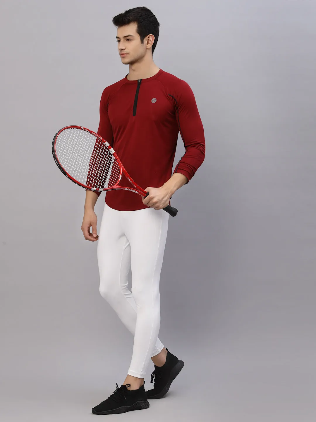 Maroon Henley Neck Full Sleeve Activewear T-Shirt