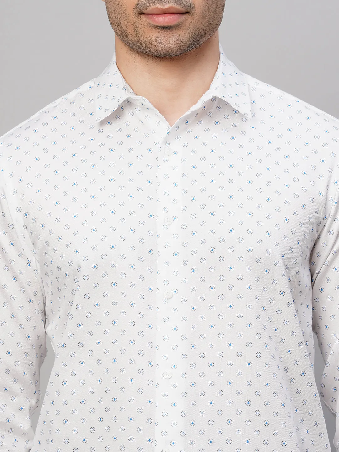 Men's Blue Cotton Slim Fit Printed Shirt