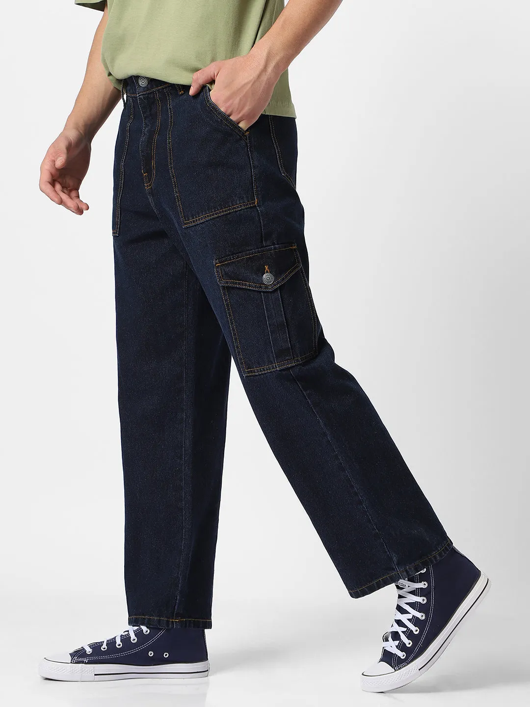 Men's Blue Loose Baggy Fit Cargo Jeans with 6 Pockets Non-Stretchable