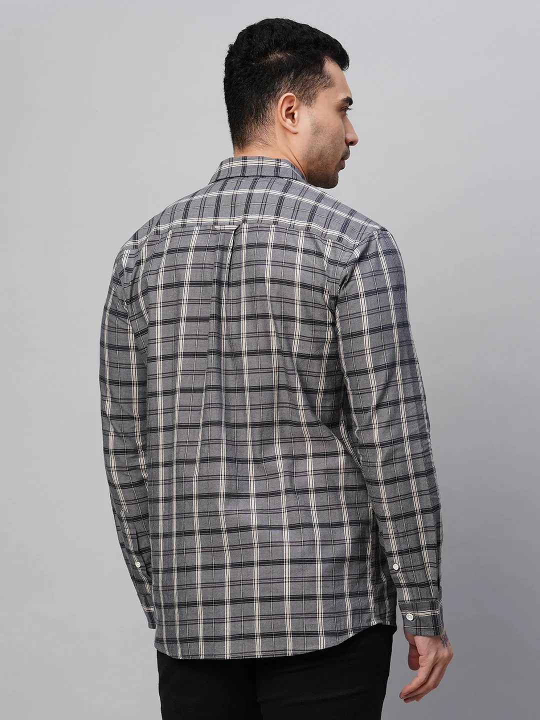 Men's Grey Cotton Regular Fit Checked Shirt