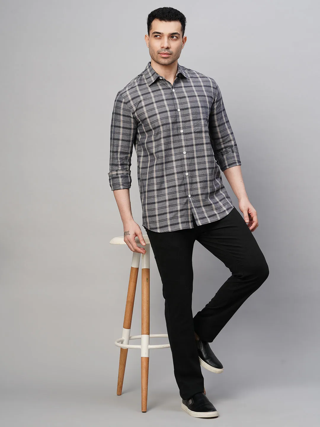 Men's Grey Cotton Regular Fit Checked Shirt