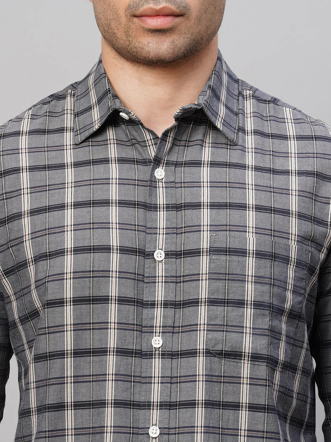 Men's Grey Cotton Regular Fit Checked Shirt