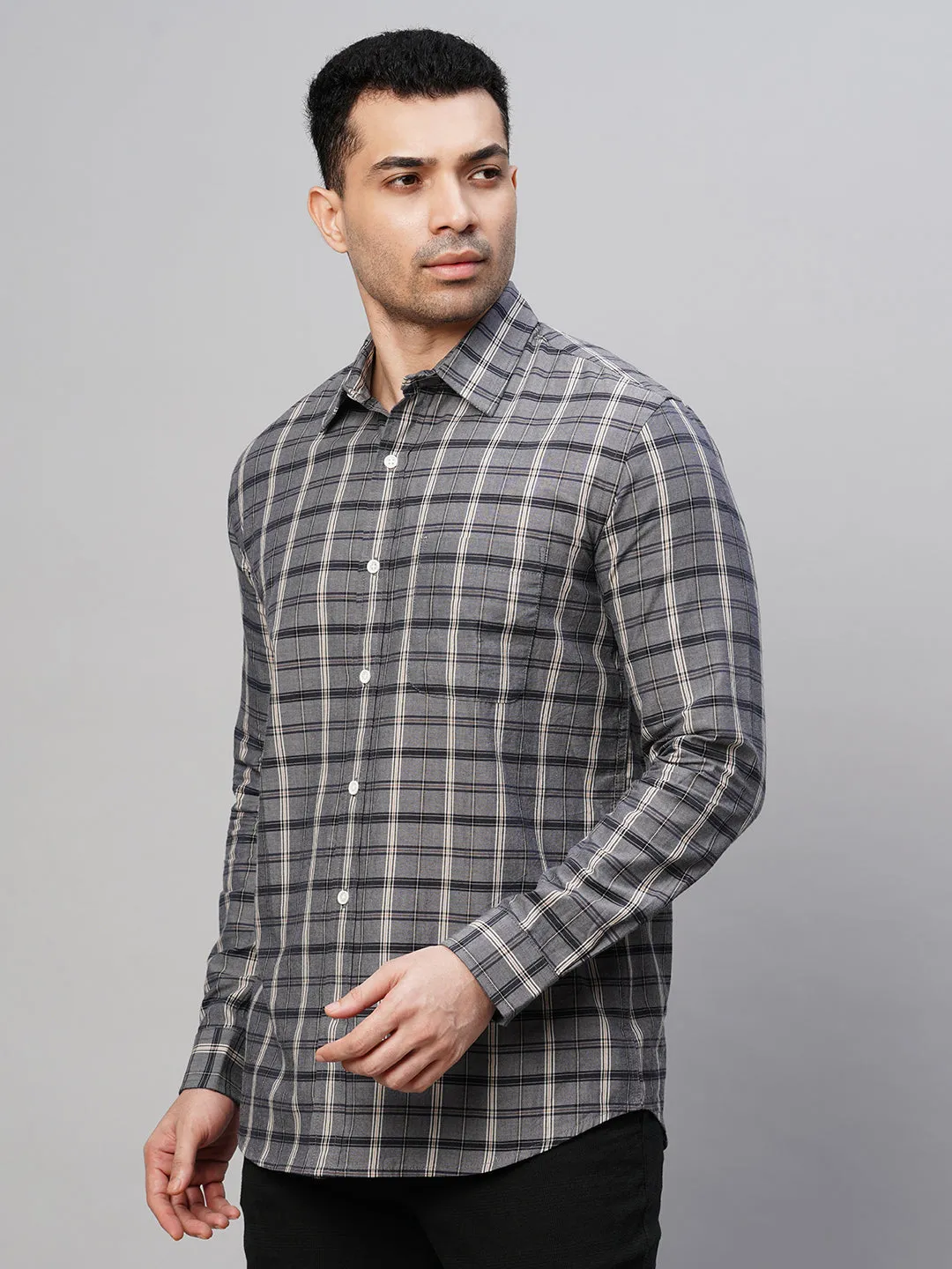 Men's Grey Cotton Regular Fit Checked Shirt