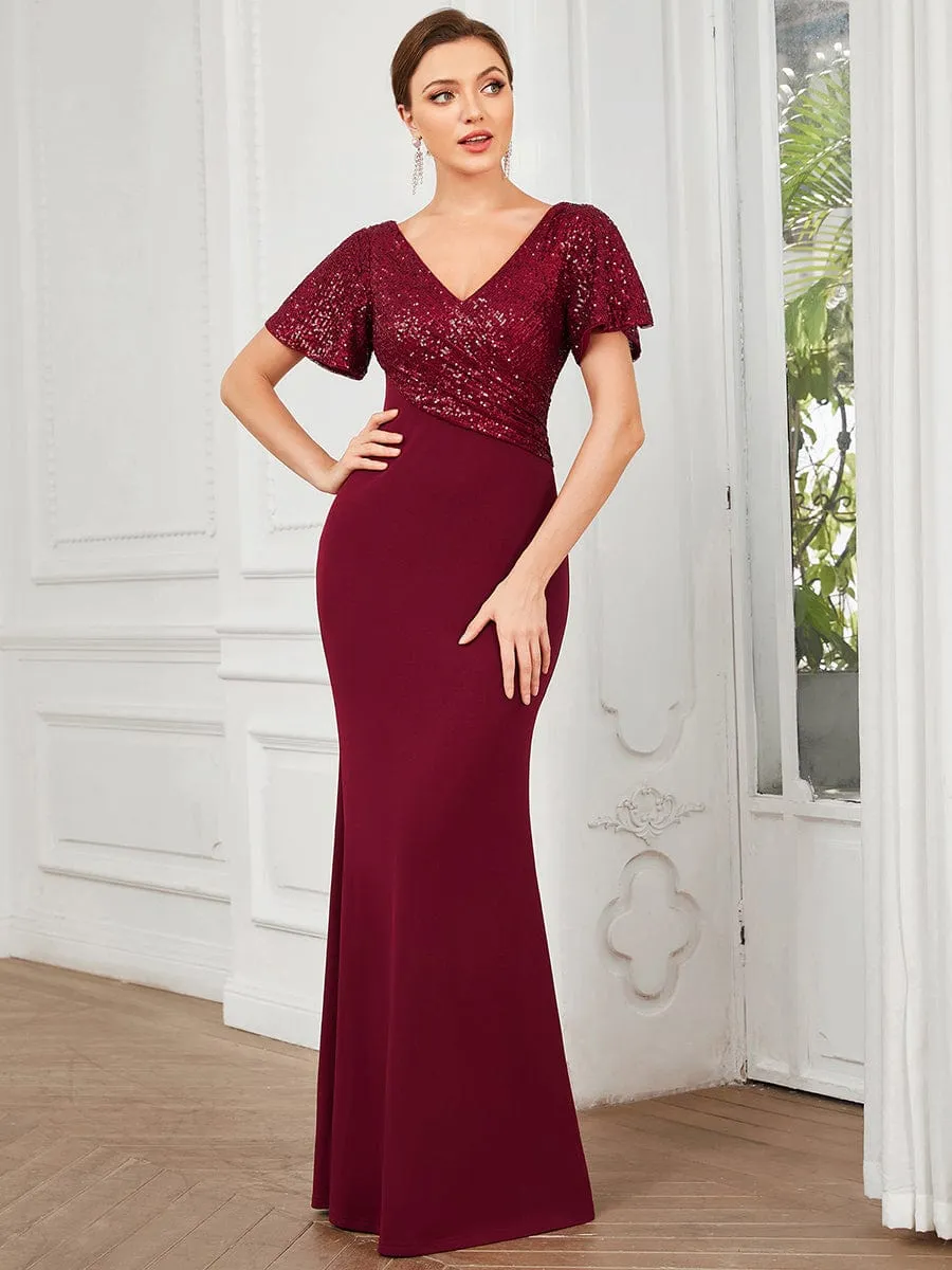 Sequin Short Sleeve Top Cinched Waist Column Evening Dress