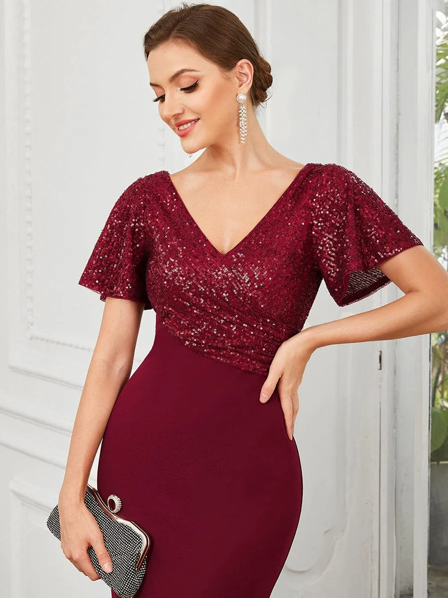 Sequin Short Sleeve Top Cinched Waist Column Evening Dress