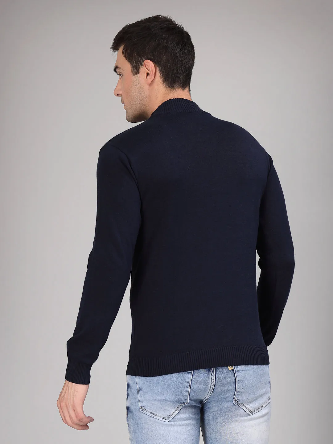 Style Quotient Men Solid Navy Knitted Regular Sweater