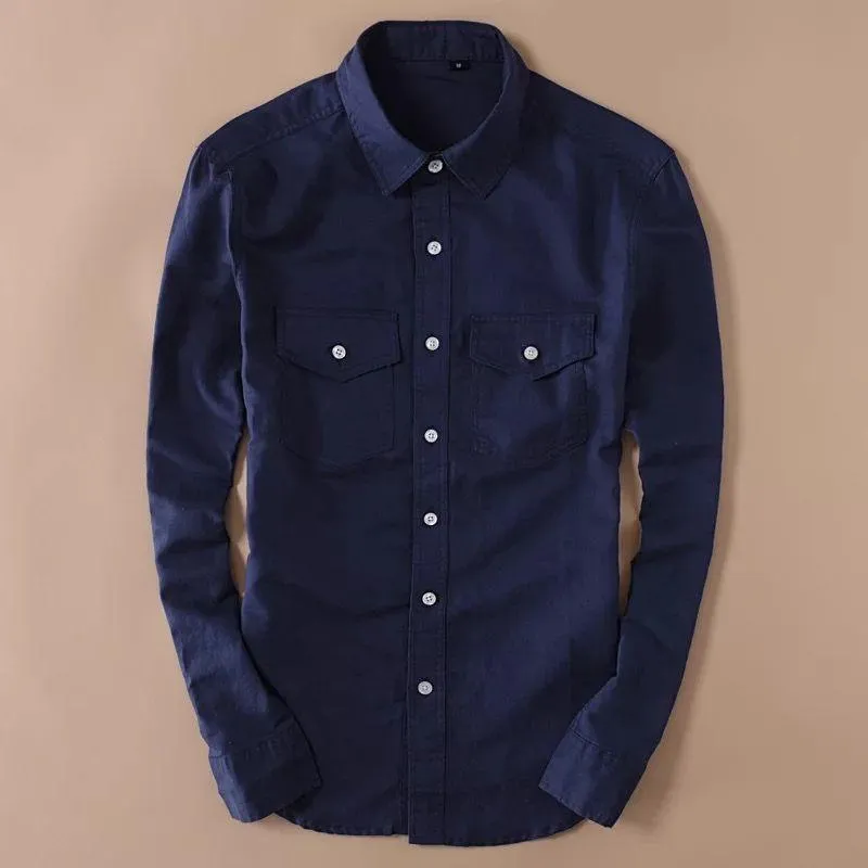 Trybuy Navy Blue Cotton Linen Double Pocket Button-Up Shirt For Men